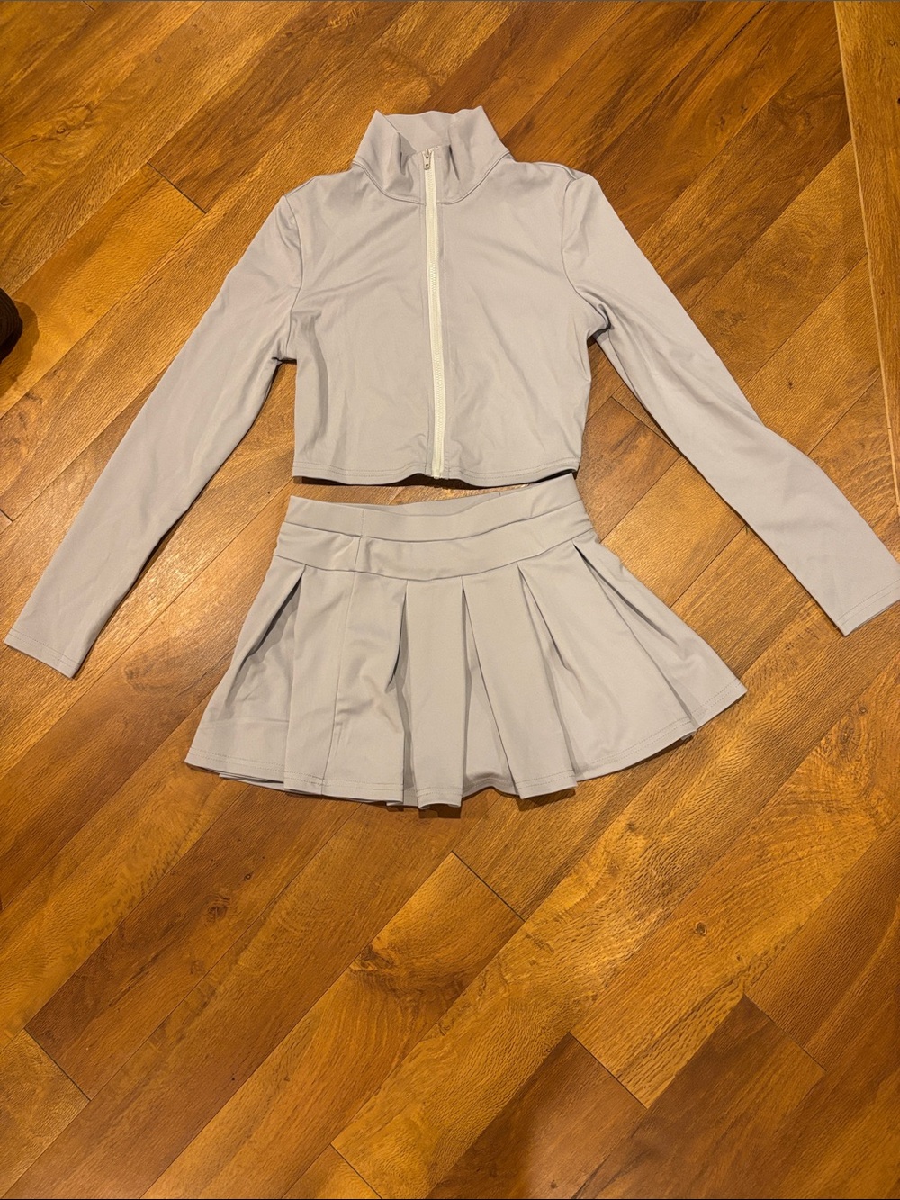 SHEIN Light Gray Zip Crop Jacket and Pleated Skirt Set